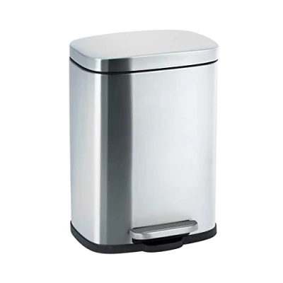 Afbeelding van WENKO Leno Easy Close Kleine afvalemmer voor badkamer, 5 liter, design pedaalemmer met deksel en valrem geïntegreerde zakhouder, roestvrij staal, 21,5 x 29,5 19 cm, mat zilver