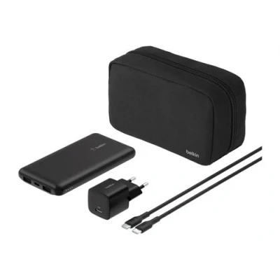 Image de Belkin BOOST CHARGE Banque d&#039;alimentation + adaptateur secteur 10000 mAh PD 3 connecteurs de sortie (24 pin USB C, 2 x USB) sur le câble : C Europe avec zippered pouch case