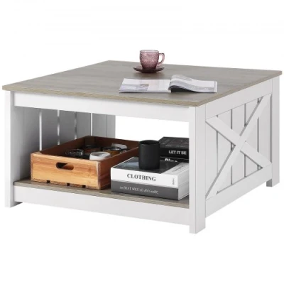 Image de VEVOR table basse de salon carrée avec rangement ouvert 800 mm gris blanc