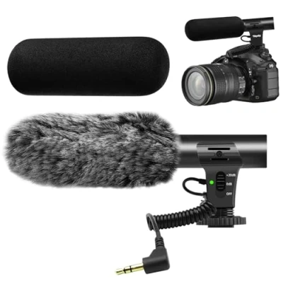 Afbeelding van Videomicrofoon voor interviews DSLR Microfoon Canon, Nikon, Sony, Panasonic, Fujifilm, met windbescherming, 3,5 mm jack