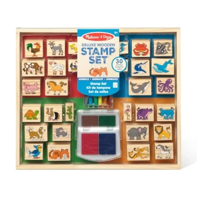 Afbeelding van Melissa &amp; Doug Luxe houten stempelset: Dieren 30 stempels, 6 viltstiften en 2 stempelkussens