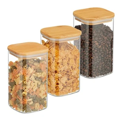 Afbeelding van Relaxdays Set van 3 vierkante glazen voorraadpotten met bamboedeksel, 1200 ml, luchtdicht, transparant/naturel