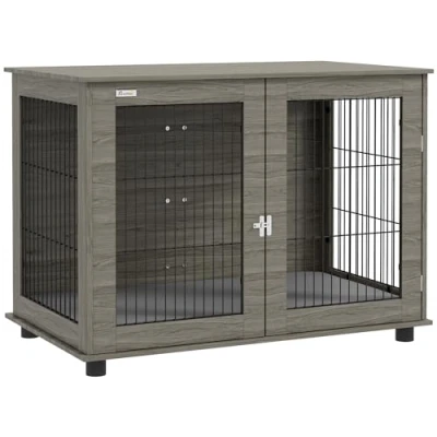 Afbeelding van PawHut Hondenkooi voor binnen, bijzettafel, 100 x 60 73,5 cm, hondenhok honden tot 30 kg, met afneembaar kussen en afsluitbare deur, eenvoudige montage, grijs