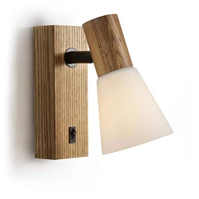 Afbeelding van ouglres Houten wandlamp met schakelaar, vintage, voor binnen, witte glazen lampenkap, draaibaar, industrieel design, bedlampje slaapkamer, nachtkastje