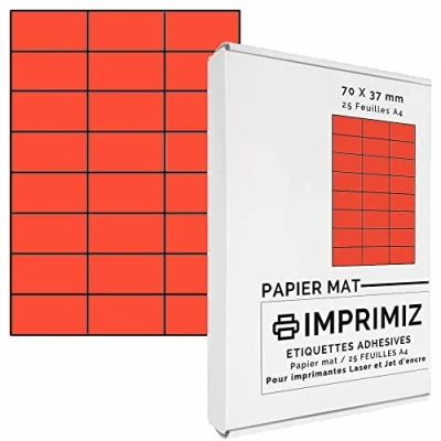 Afbeelding van 600 zelfklevende etiketten, neonrood, 70 x 37 mm, 24 etiketten/vel, 25 vellen A4 papier, zelfklevend, voor laser en inkjetprinters