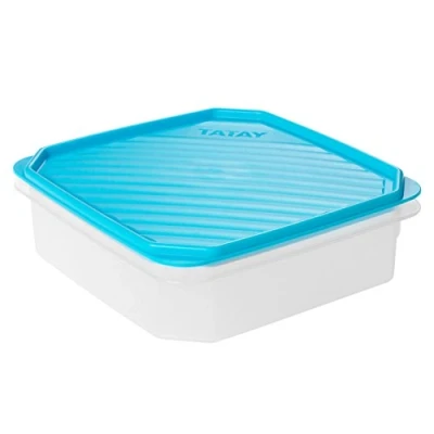 Afbeelding van TATAY Luchtdichte voedselcontainer, inhoud 1,3 liter, flexibel drukdeksel, BPA vrij, magnetron en vaatwasmachinebestendig, blauw. Afmetingen: 18,5 x 6,1 cm