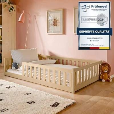 Afbeelding van kinderbed, vloerbed, 120 x 200 cm, bed met valbescherming en Montessori lattenbodem, wieg, tienerbed, eenpersoonsbed, grenen, natuur, massief hout