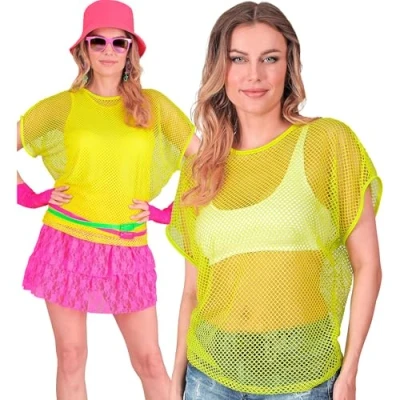 Afbeelding van Widmann Jaren 80 &amp; 90 Kostuum Visnet T Shirt Neon Geel Vrouw Large / XL Carnavalskleding Verkleedkleding
