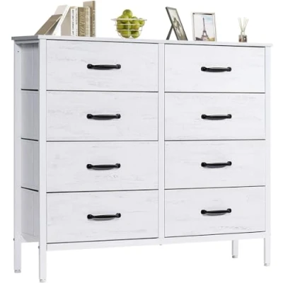 Afbeelding van LYNCOHOME commode met 8 stoffen laden, voor slaapkamer, wit, opbergkast, slaapkamerkast, ladekast keuken, kantoor, hal, tv kast laden