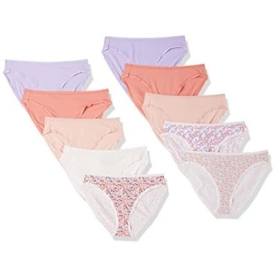 Image de Amazon Essentials Culotte en coton à jambe échancrée (grandes tailles disponibles) Women&#039;s, Pack of 10, Fleuri/Motif Liberty/Multicolore/À Carreaux, 42