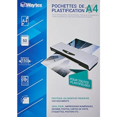 Image de WAYTEX Pack 50 feuilles de plastification A4 75 microns finition brillante transparente