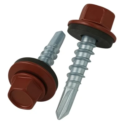 Afbeelding van 8 mm x 35 dakschroef, gekleurde zelfborende zeskantkop (RAL 3011 rood bruin) dakschroef met EPDM verzegelde sluitring, grofschroefdraadschroeven, verzinkt, roestvrij, voor buiten