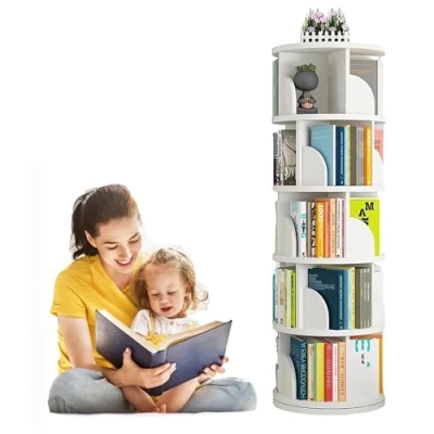 Afbeelding van uyoyous boekenkast, 360 graden draaibaar, 5 niveaus, hoge dichtheid, opbergrek voor thuis, woonkamer, studeerkamer, kantoor, wit, 163 x 45 cm