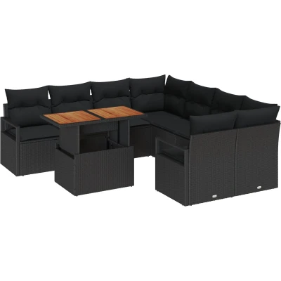 Afbeelding van vidaXL 9 delige tuinbankset met kussens zwart poly rattan