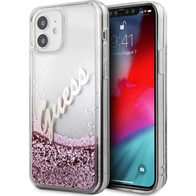 Afbeelding van GUESS Liquid Glitter Vintage Backcase Hoesje iPhone 12 Mini Roze