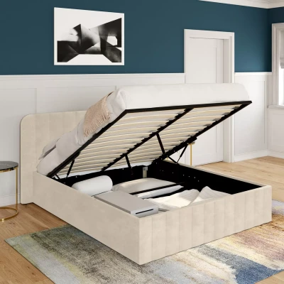 Image de lit coffre velours beige 140x190 avec sommier et tête de