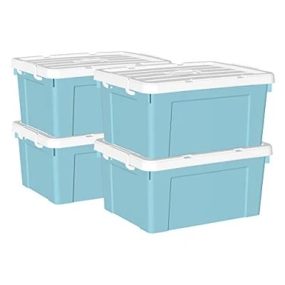 Afbeelding van Cetomo 35L x 4 plastic opbergdoos, draagdoos, organisatiecontainer met duurzaam deksel en veilige vergrendelingsgespen, stapelbaar in elkaar grijpend, set van 4, blauwe gesp