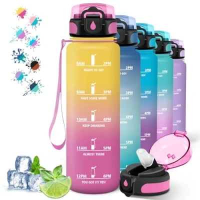 Afbeelding van Bouteille d&#039;eau réutilisable avec marque de temps, étanche, pour camping, yoga, course à pied, randonnée, 1 litre Jaune rose