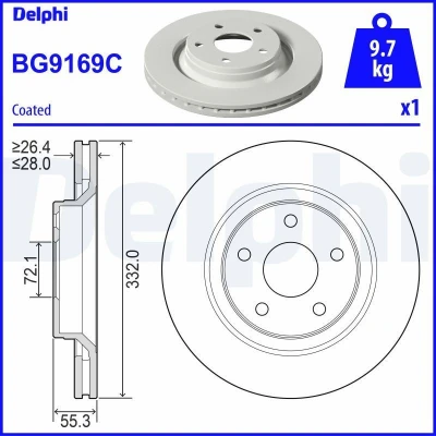 Afbeelding van DELPHI BG9169C Remschijf 332 28 5 Geventileerd Gecoat Semi finished Zonder wiellager, ABS sensorring JEEP: WRANGLER 3