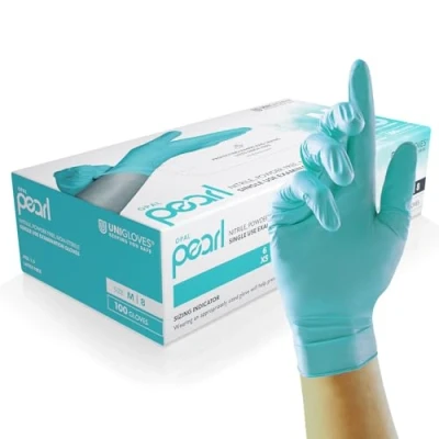Afbeelding van Unigloves Aqua Blu Pearl nitril onderzoekshandschoenen veelzijdige wegwerphandschoenen, poedervrij en latexvrij, doos met 100 handschoenen, pacific blauw, maat M (GP0093)