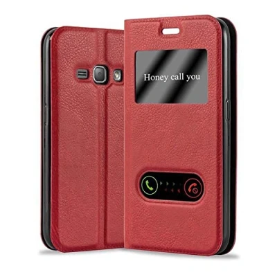 Afbeelding van Cadorabo Hoesje geschikt voor Samsung Galaxy J1 2015 in SAFRAN ROOD Beschermhoes met magnetische sluiting, standfunctie en 2 kijkvensters Book Case Cover Etui