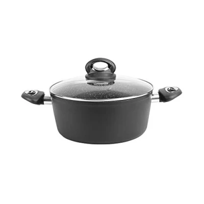 Afbeelding van Sitram 711707 Kookpan Granite Ø 24 cm van gesmeed aluminium zwarte coating anti aanbaklaag zonder PFOA steenlook glazen deksel voor alle warmtebronnen inclusief inductie