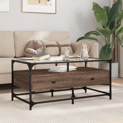 Afbeelding van Salontafel met glazen blad 98,5x50x45 cm sonoma eiken staal