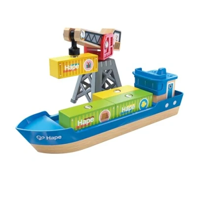 Afbeelding van Hape E3792, Schip, Cargo ship &amp; crane, 3 jaar, Meerkleurig, Kunststof, Hout
