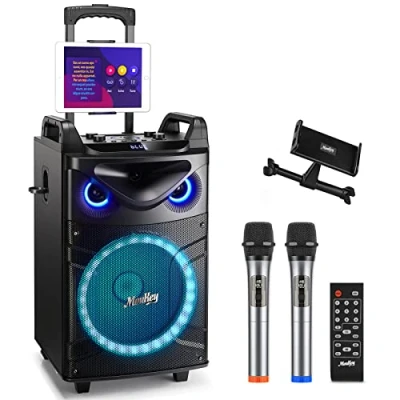 Afbeelding van Moukey karaoke luidspreker met 2 draadloze microfoons, draagbare Bluetooth feestverlichting, echo/bas/hoge tonen, 12 inch woofer machine, ondersteunt TWS/REC/AUX IN/MP3/USB/TF/FM