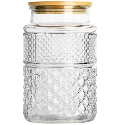 Afbeelding van Belle vous glazen pot met luchtdicht deksel Bamboe 1100 ml voorraad Voor koekjes, snoeppot, bloem, koffie, bonen of thee Glas
