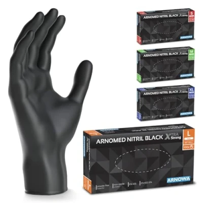 Afbeelding van ARNOMED Wegwerphandschoenen, zwart, extra sterk, nitril handschoenen, maat L, 50% dikker, 100 p./doos, wegwerphandschoenen zonder poeder, latexvrije mechanische wegwerphandschoen