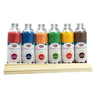 Afbeelding van Hopser Food Fun Partyset 6 x 230 g AZO suikervrij voor suikerspinmachine met 100 suikerspinstelen (blauw/framboos/vanille/karamel/bosmeester/oranje)