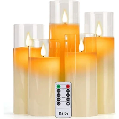 Afbeelding van Da by Set van 5 vlamloze glazen effectkaarsen H 13/14/16/18/20 cm echte was, druppelvrije was met realistische dansende led vlam en afstandsbediening 10 toetsen 24 uurs timer