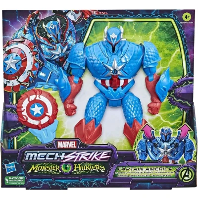 Afbeelding van Hasbro Marvel Avengers Mech Strike Monster Hunters Hunter Suit Captain America Toy, luxe figuur op schaal van 20 cm, vanaf 4 jaar, meerkleurig, F5072
