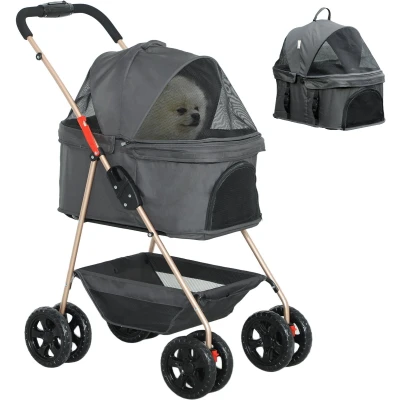 Afbeelding van PawHut Poussette 3 en 1 pliable pour chien et chat, pliable, sac de transport avec porte gobelet, roues à 360 , mini chiens moins 4 kg, grise
