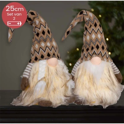 Afbeelding van Handgemaakt beige Gnomen duo met LED verlichting en zwart/witte muts versiering 25(45)cm