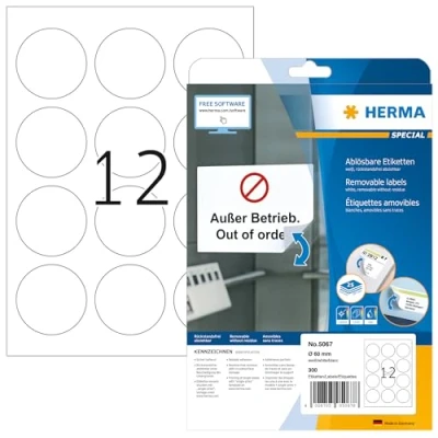 Afbeelding van HERMA 5067 universele etiketten A4 afneembaar (Ø 60 mm, 25 velles, papier, mat, rond) zelfklevend, bedrukbaar, verwijderbaar en opnieuw klevende etiketten, 300 voor printer, wit