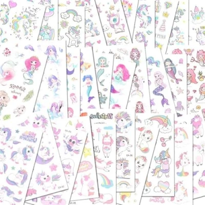 Afbeelding van ACWOO Eenhoorn Tijdelijke Tattoos, 30 Vellen Zeemeermin Tattoo Stickers voor Kinderen, 350+ Patronen Waterdicht Verwijderbaar, Verjaardagsfeestje Bag Filler
