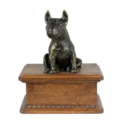 Afbeelding van Persoonlijke houten urn hond voor Bull Terrier met beeldje hondenas.