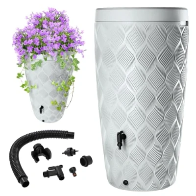 Afbeelding van KADAX Regenton met geïntegreerde plantenbak, 240 liter, kunststof, regenwaterreservoir kraan, vorstbestendig, lichtgrijs