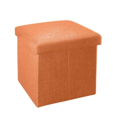Afbeelding van Intirilife Opvouwbaar krukje 30x30x30 cm in MANDARINE ORANGE Zitkubus met opbergruimte en deksel van stof linnenlook voetensteun opbergbox kist bankzitting