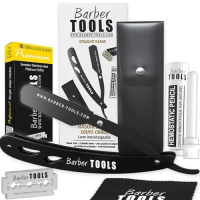 Afbeelding van BARBER TOOLS ✮ Scheerapparaat met doos en 5 scheermesjes + polijstdoek etui