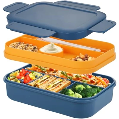 Afbeelding van 2000 ml Bento Box voor volwassenen en kinderen, stapelbare Japanse lunchbox met 8 vakken, waterdichte bestekset, magnetron vaatwasmachinebestendig
