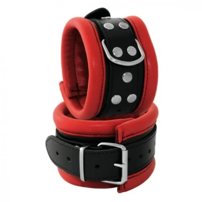 Afbeelding van Leren enkelboeien 6.5 cm breed gevoerd rood/zwart