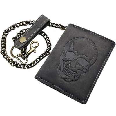 Afbeelding van myledershop Echt buffelleer bikerportemonnee in staand formaat met metalen ketting doodskop of zonder patroon RFID en NFC bescherming, grijs., Modern