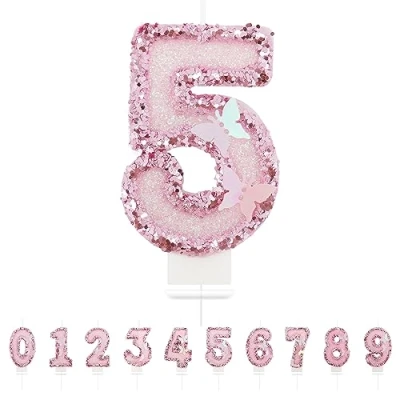 Afbeelding van 5,3D verjaardagskaarsen, cijferkaarsen, vlinder, roze, verjaardagstaartdecoratie, verjaardagskaarsen voor verjaardagsdecoratie