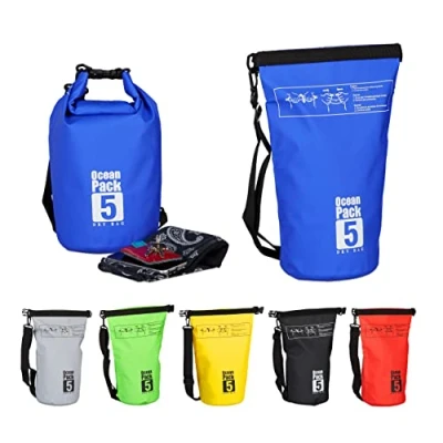 Afbeelding van Relaxdays Ocean Pack 5 liter waterdichte tas droogtas outdoor plunjezak zeilen blauw