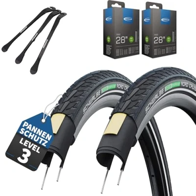 Afbeelding van 2er Set Schwalbe Road Cruiser Fahrradreifen Schwarz Reflex 28x1,40 Zoll (37 622) mit AV Schläuche &amp; 3x MSZweirad Reifenheber