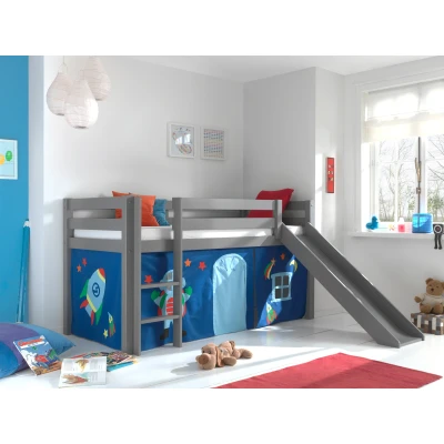 Afbeelding van LUCEVI Pino Halfhoogslaper + Ladder Glijbaan Astro Gordijntjes Grijs 90x200 cm