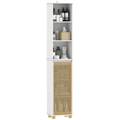 Afbeelding van HOMCOM Badkamerkolom, badkamerkast, opbergkast met lattendeur van bamboe en open vakken, hoge kast voor woonkamer, keuken, 35 x 26 173 cm, wit